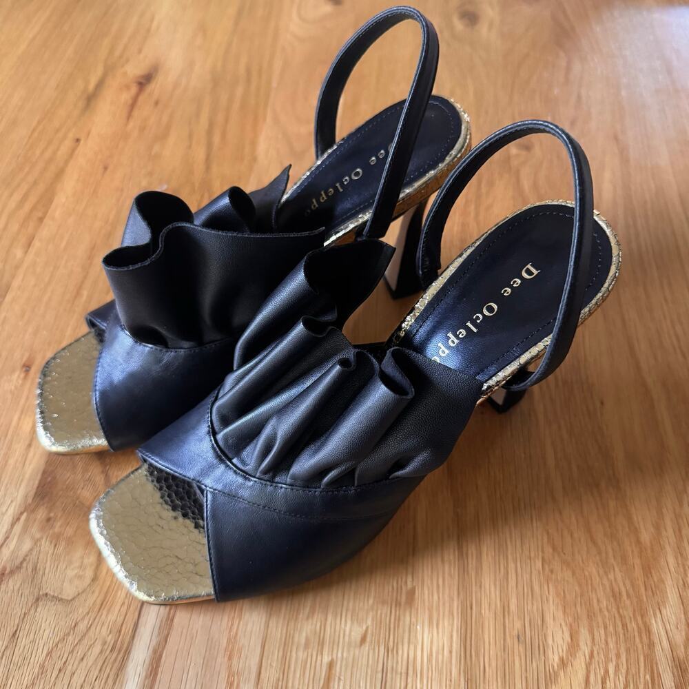 Dee Ocleppo Flutter Leather Ruffle Black Gold Open Toe Slingback Heel Size 10 - Picture 6 of 13